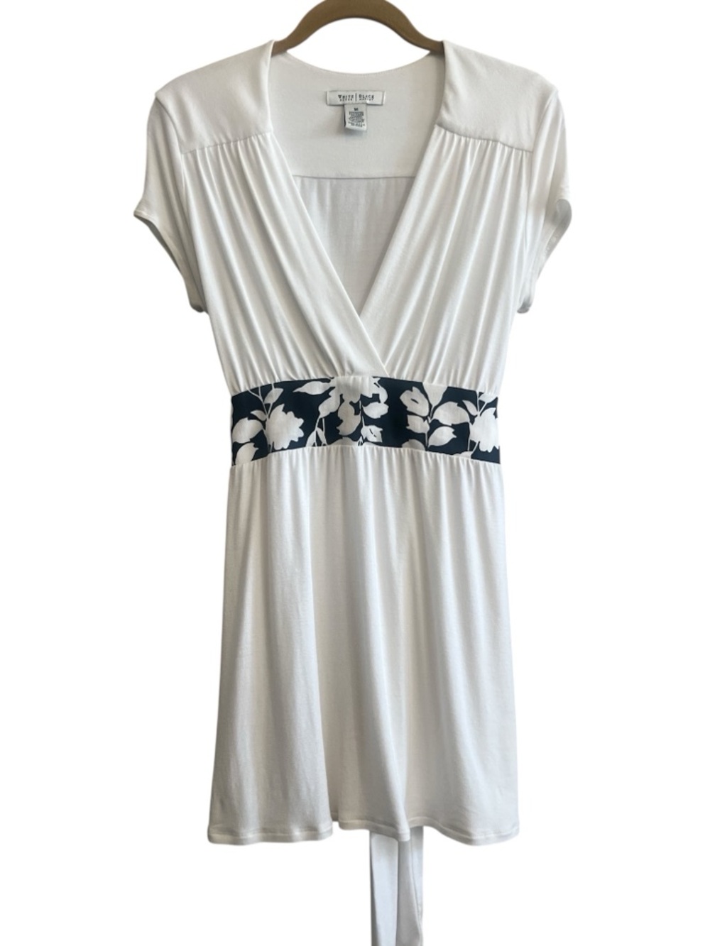 White House Black Market White Mini Dress with Black Floral Waistband
